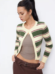 Cable Knit Striped Colorblock Round Neckline Long Sleeve Button Top