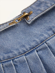 Washed Denim Low Rise Metal Detail Pleated Micro Mini Skirt