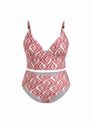 V-neck Geometric Print Bracelet Top & Mid Rise Bottoms Bikini Set Curve & Plus
