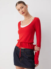 Knit U-neckline Knotted Top & Floral Trim Cami Top
