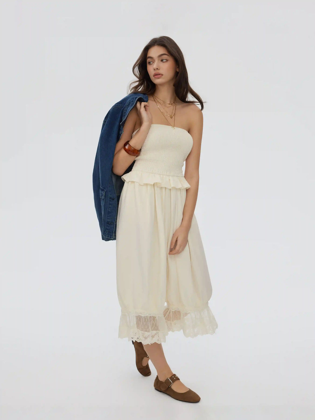 Chiffon Strapless Smocked Waist Lace Trim Bloomer Capri Jumpsuit
