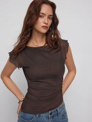 Mesh Boat Neck Lettuce Trim Ruched Top