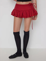 Linen-blend Low Rise Knotted Ruffled Layered Mini Skort