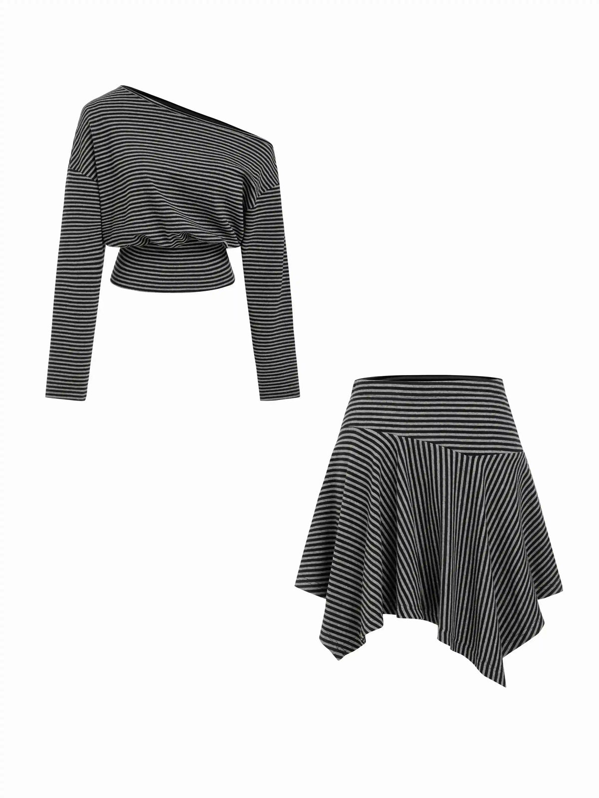Cotton-blend Asymmetrical Neck Stripe Top & Mid Rise Hanky Hem Midi Skirt Set