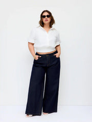 Cotton Collar Middle Sleeve Shirred Hem Shirt Curve & Plus