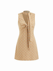 V-neck Geometric Twist Mini Dress With Scarf