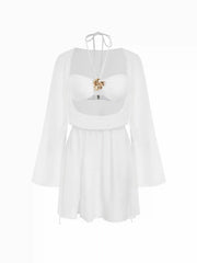 Halter Neckline Metal Detail Ruched Bikini Set With Sheer Cover Up