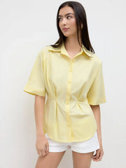 Cotton-blend Ruched Cinched Waist Split Shirt