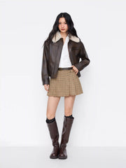Wool-look Houndstooth Mid Rise A-line Pleated Mini Skirt