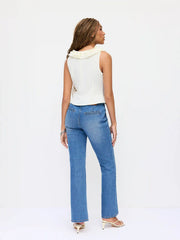 Stretch Denim Mid Rise Scalloped Trim Metal Detail Flared Jeans