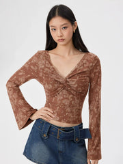 Paisley V-Neck Twist Knot Bell Sleeve Crop Top