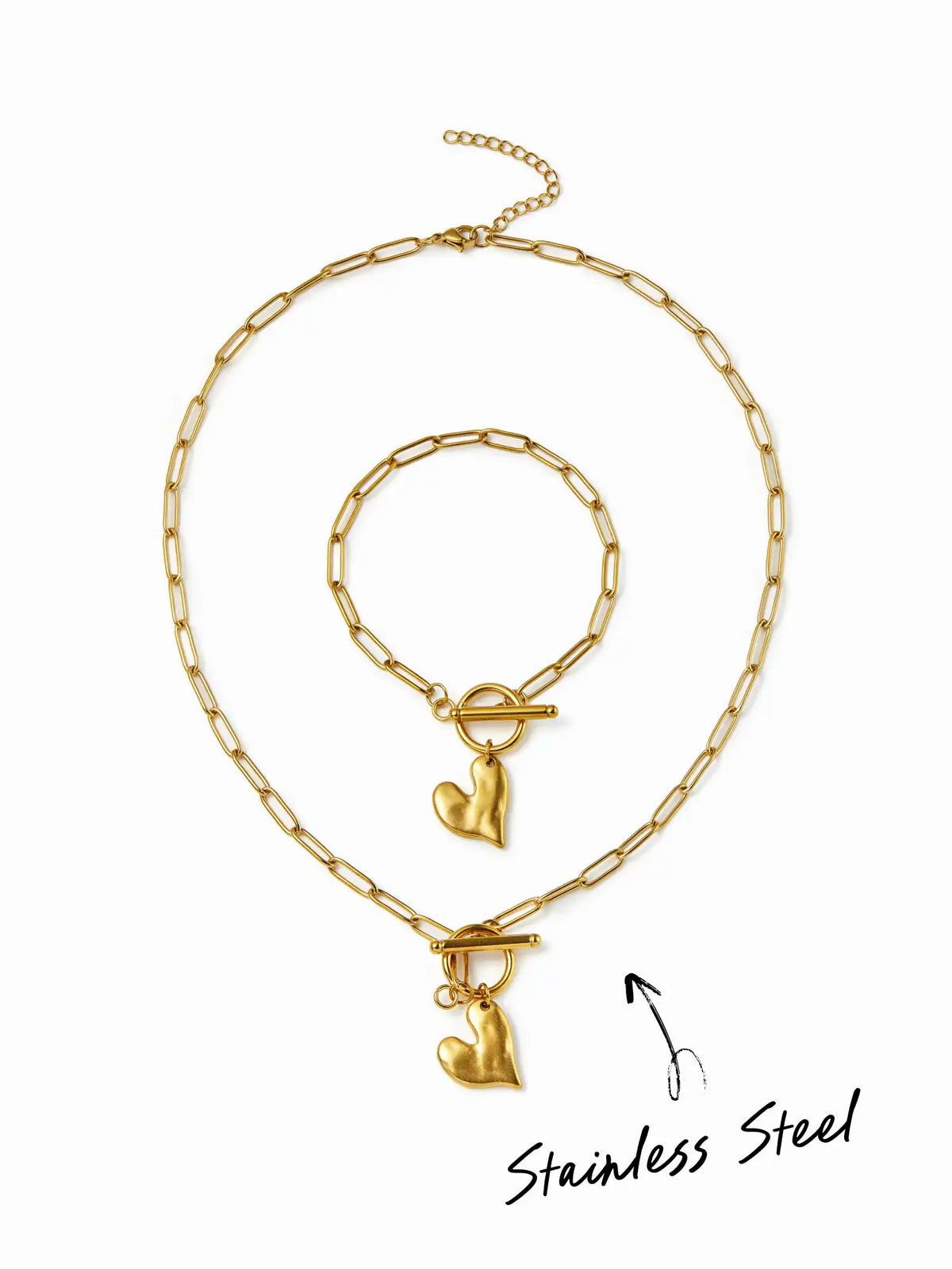 2 PCS STAINLESS STEEL HEART BRACELET & NECKLACE SET