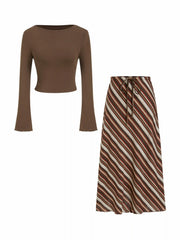 Boat Neck Solid Top & Mid Rise Striped Drawstring Maxi Skirt Set