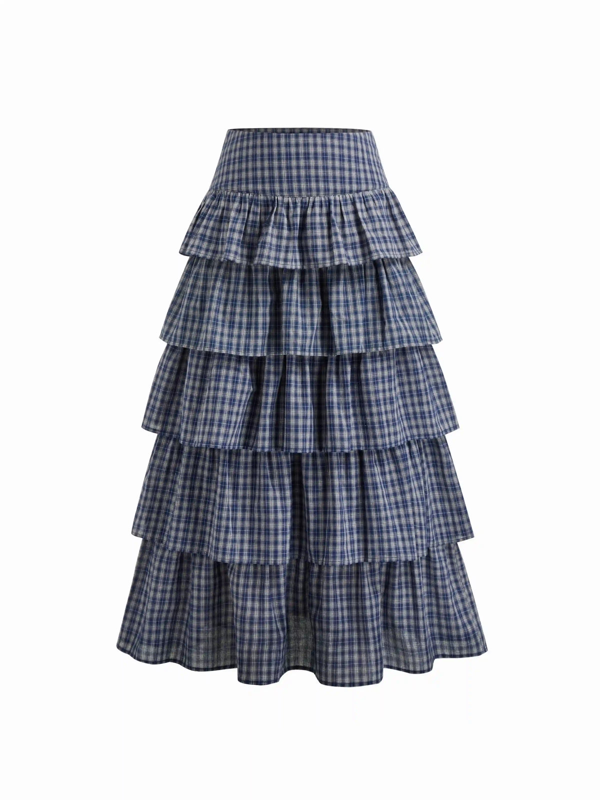 Cotton-blend Mid Rise Tartan Layered Ruffle Hem Maxi Skirt