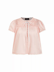 Satin Round Neckline Lace Panel Tie Front Oversized Blouse