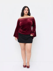 Velvet Off-shoulder Ruched Lace Bell Sleeve Top Curve & Plus