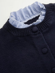 Knit Plaid Round Neck Long Sleeve Ruffle Trim Button Cardigan