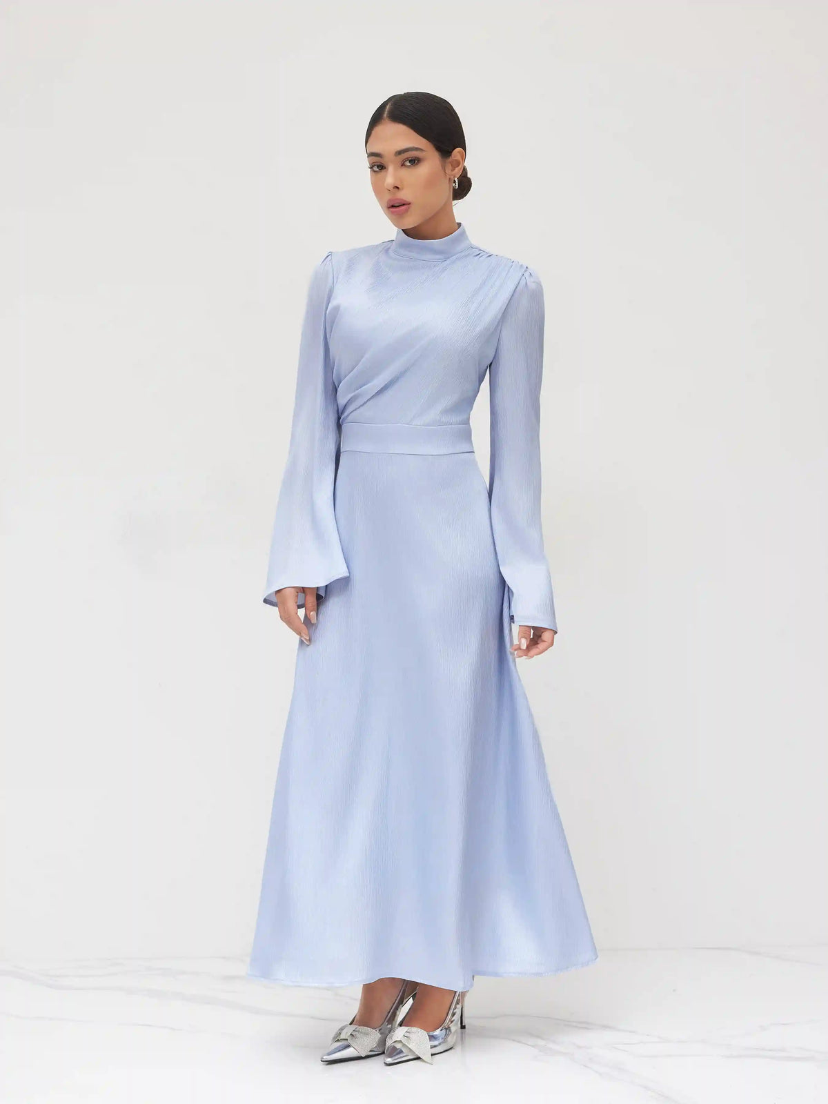 Stand Collar Ruched Ruffle Lace Up Maxi Dress