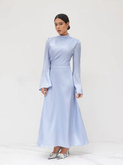 Stand Collar Ruched Ruffle Lace Up Maxi Dress