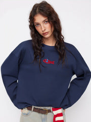Cotton-blend Fish Embroidery Round Neckline Long Sleeve Oversized Tee