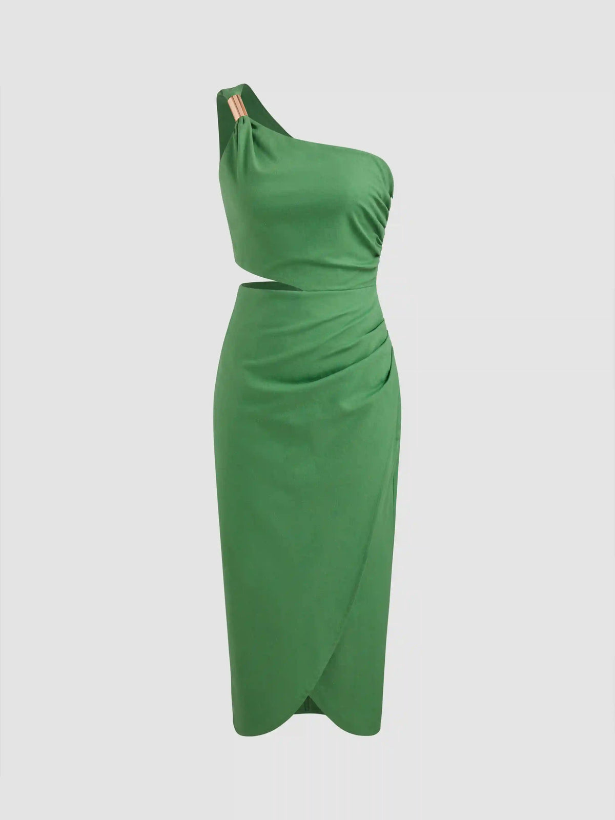 Linen-blend Asymmetrical Neck Solid Metal Detail Cut Out Ruched Midi Dress