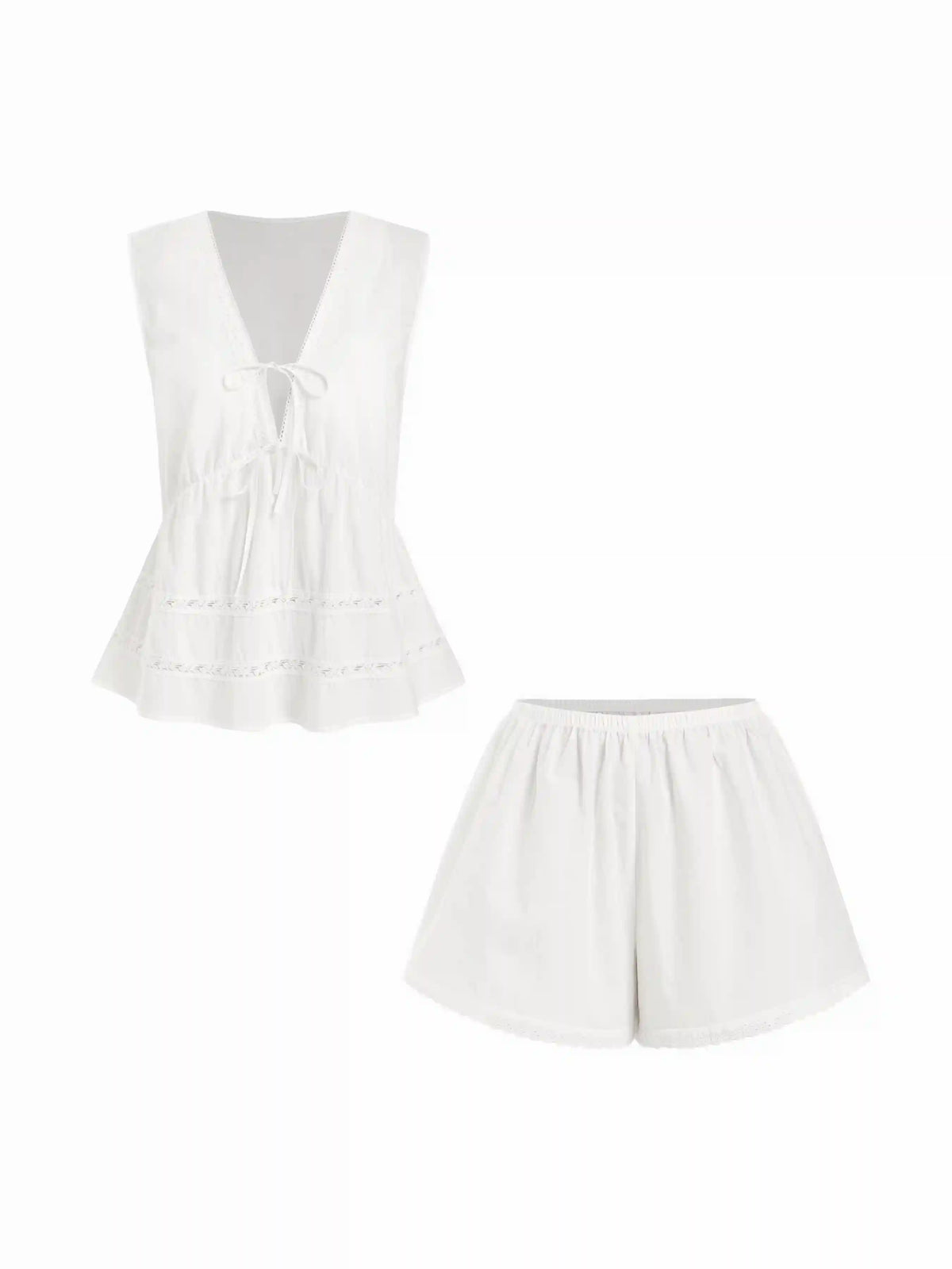 Cotton V-Neck Lace Trim Top & Mid Rise Shorts Loungewear Set