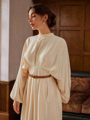 Stand Collar Pleated Cinched Waist Long Sleeve Maxi Dress