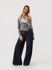 Denim Mid Rise Asymmetrical Mental Button Wide Leg Trousers