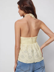 Halter Neck Shirred Lace Ruched Drawstring Crop Top