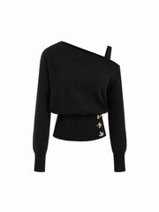 Knit Asymmetrical Neck Long Sleeve Metal Button Top