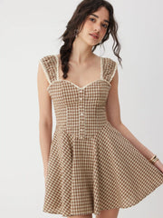 Cotton-blend Gingham Sweetheart Neck Lace Panel Mini Dress