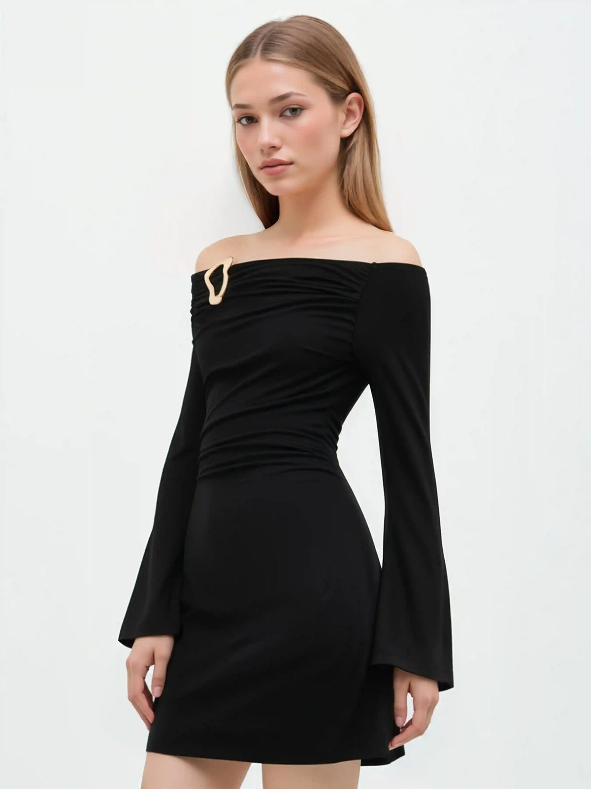 Off-Shoulder Bell Sleeve Hook Ruched Mini Dress