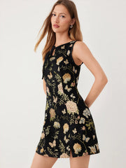 Jacquard Floral Boat Neck Cut Out Mini Dress