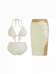Halter Neckline Geometric Floral Triangle Bikini Set With Sheer Skirt Curve & Plus