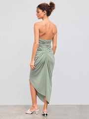 Solid Ruched Asymmetrical Tube Midi Dress