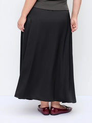 Mid Rise Elastic Waist A-Line Maxi Skirt