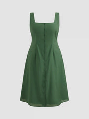 Linen-blend Square Neck Button Through Shirred Midi Dress Curve & Plus