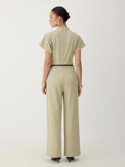 Stand Collar Ruched Short Sleeve Straight Leg Jumpsuit With