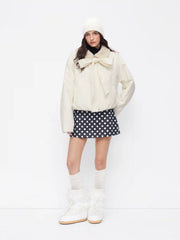Collar Bowknot Zip Through Oversized Cropped Puffer