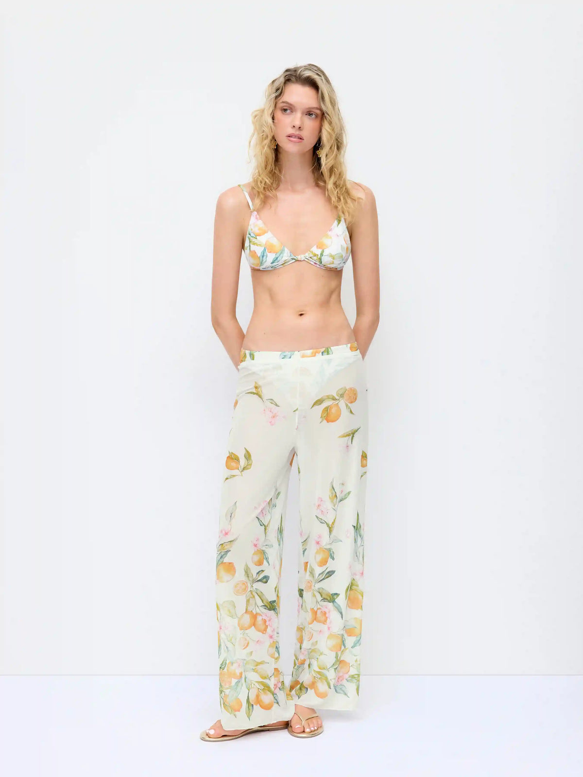 V-neck Fruit Graphic Low Rise Triangle 3 Piece Bikini Set With Pants