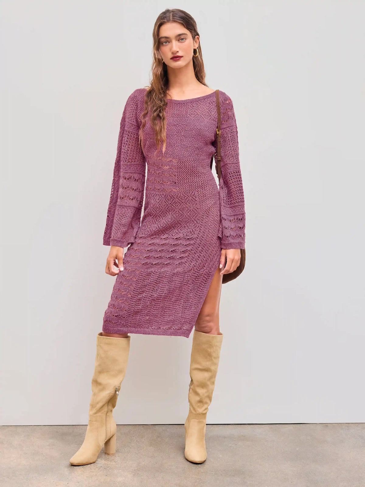 Knit Boat Neck Solid Hollow Out Split Midi Dress