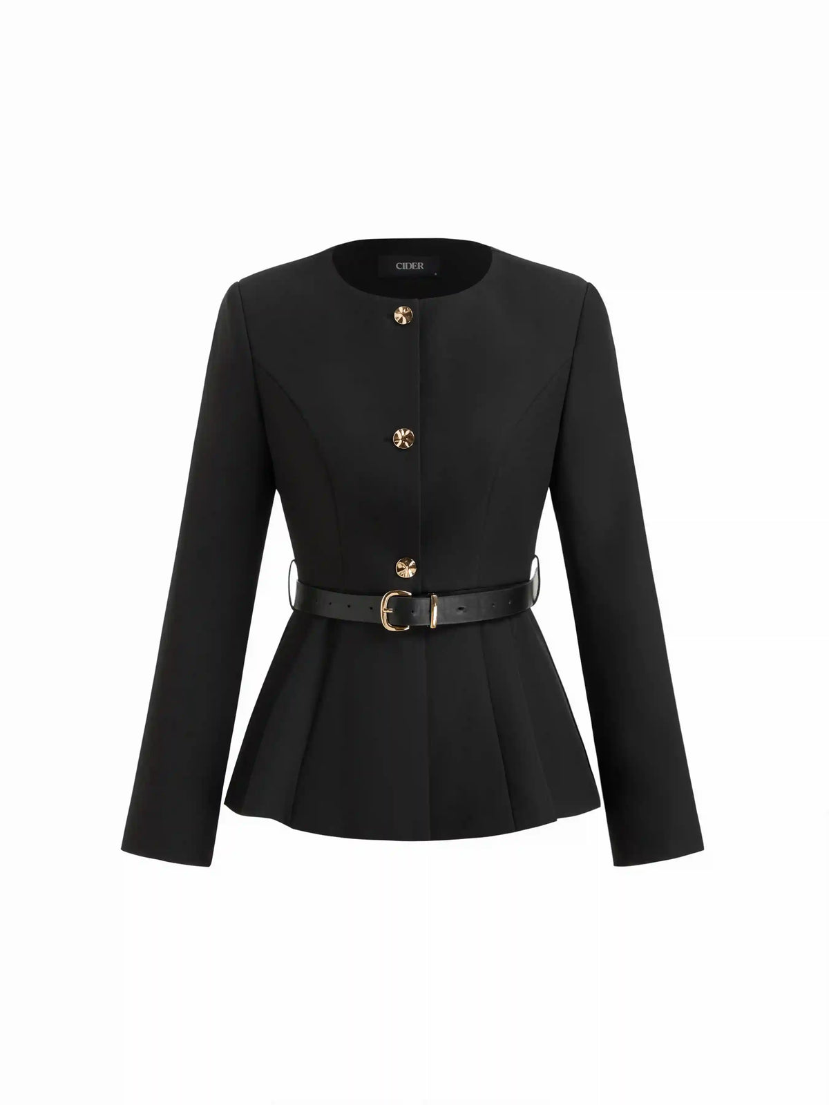 Round Neckline Metal Button Pleated Blazer With Belt