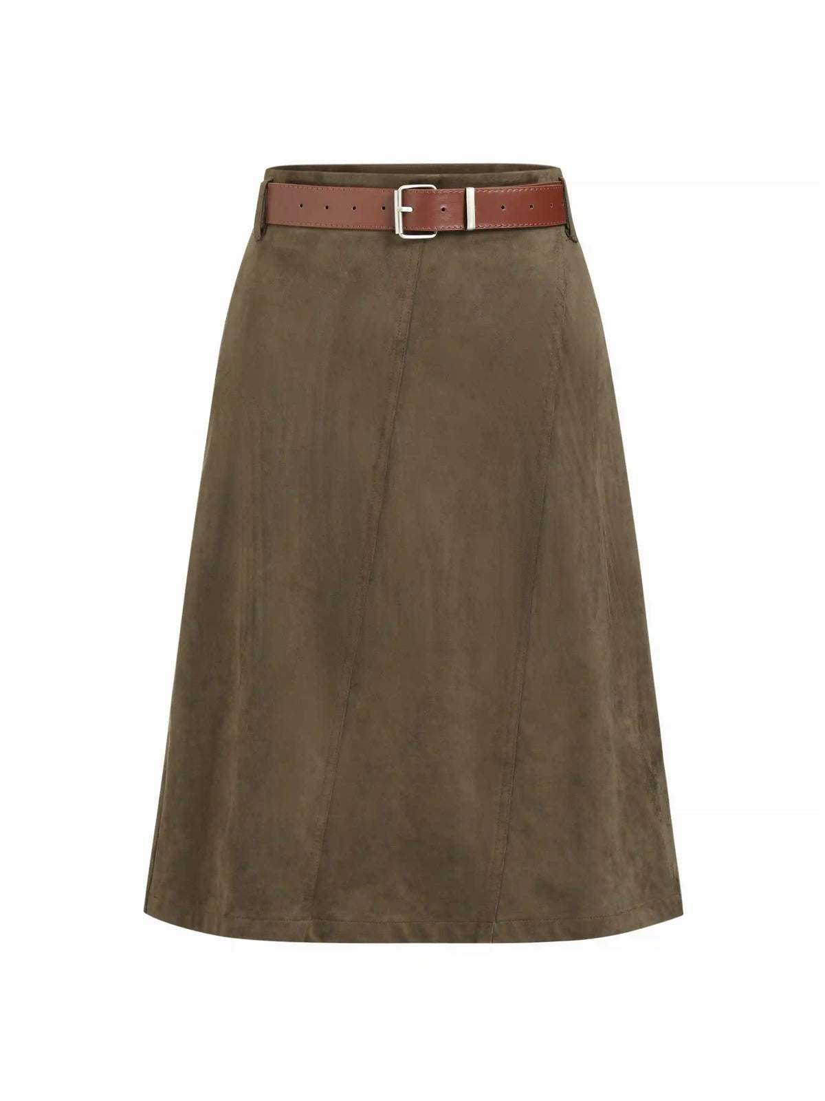 Suede Mid Rise A-line Midi Skirt With Belted
