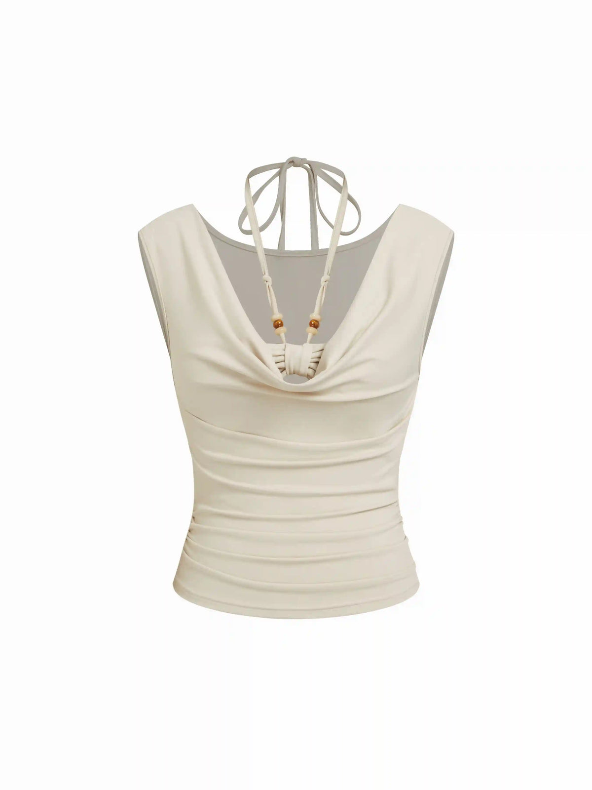 Halter Neck Drawstring Ruched Cut Out Beaded Detail Crop Tank Top