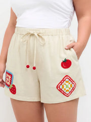 Linen-blend Mid Rise Fruit Applique Shorts Curve & Plus
