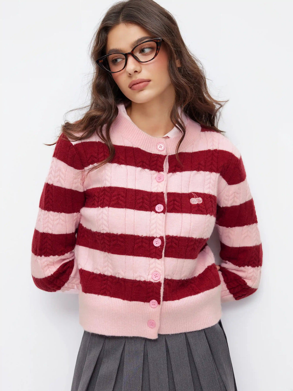 Cable Knit Striped Cherry Embroidery Round Neckline Long Sleeve Cardigan