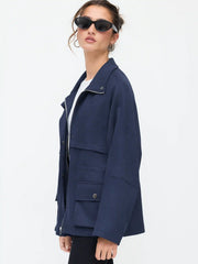 Stand Collar Drawstring Zip Through Oversized Jacket