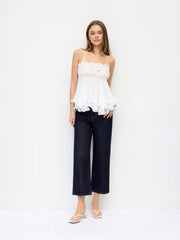Chiffon Lace Square Neck Ruffle Hem Shirred Cami Blouse