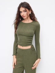 Drawstring Ruched Crop Top & High Rise Straight Leg Trousers Set