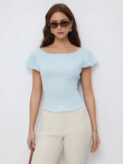 Textured Boat Neck Ruffle Sleeve Lettuce Trim Tee